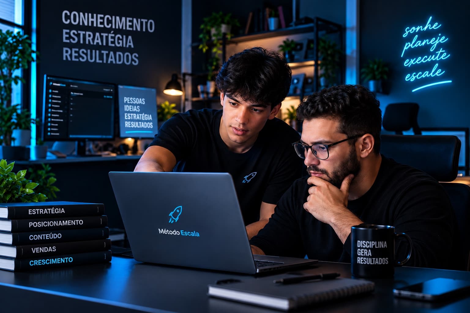 Fundadores do Método Escala revisando estratégia e planejamento em um notebook